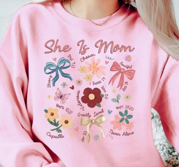 She Is Mom Shirt, Coquette Praying Mama Shirts, Religious Mom Sweatshirt, Floral Mother's Day T-Shirt,Blessed Mom Bow Tee,Bible Verse Shirts